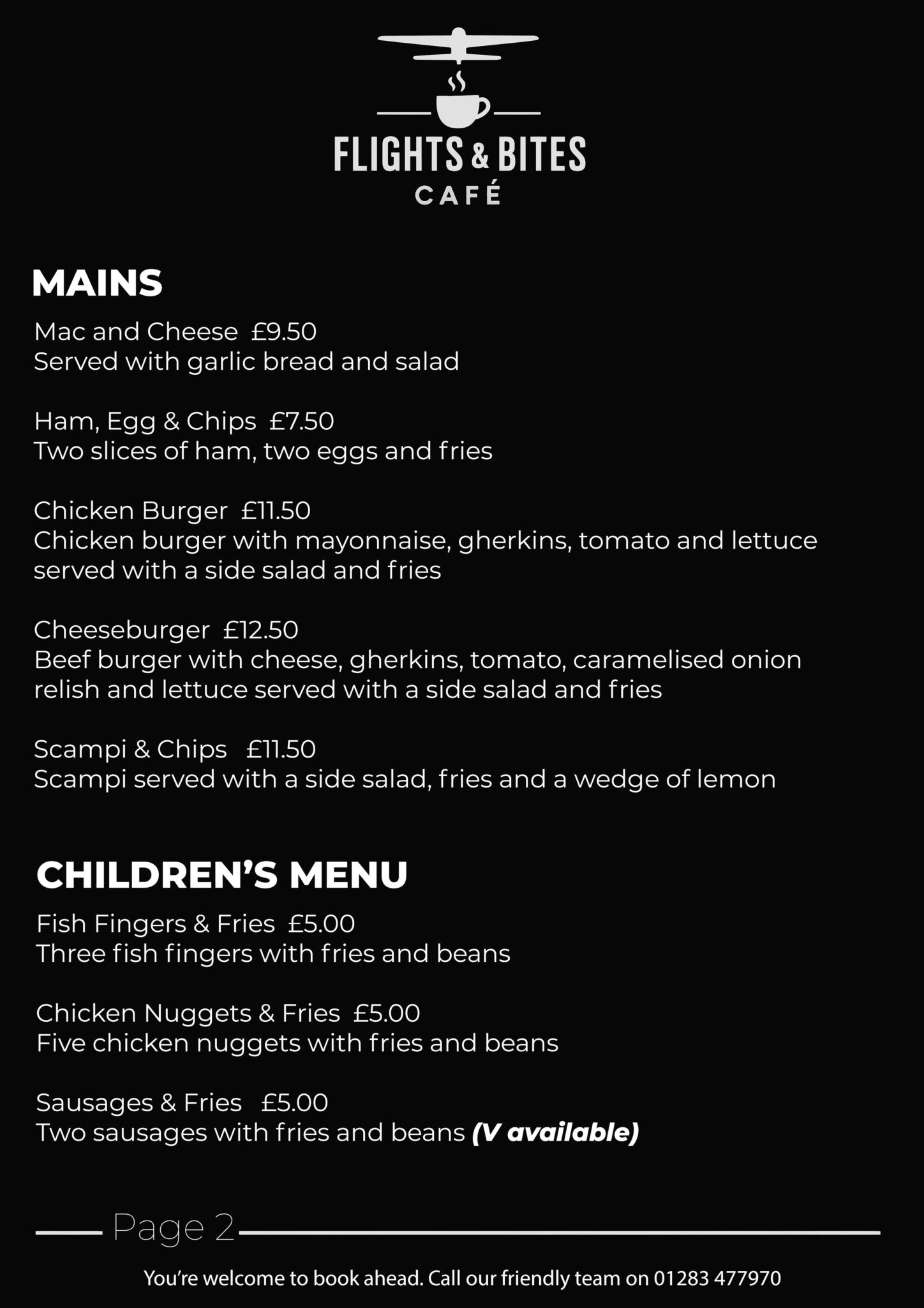 menu page 2 flights and bites cafe september 2025 AW Tatetnhill Airfield