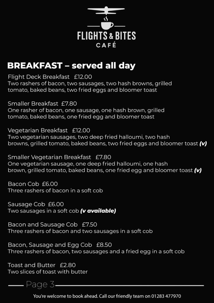 menu page 3 flights and bites cafe september 2025 AW Tatetnhill Airfield